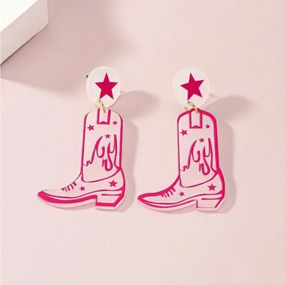 Pink Star Cowboy Boot Earrings - Picture 2 of 5